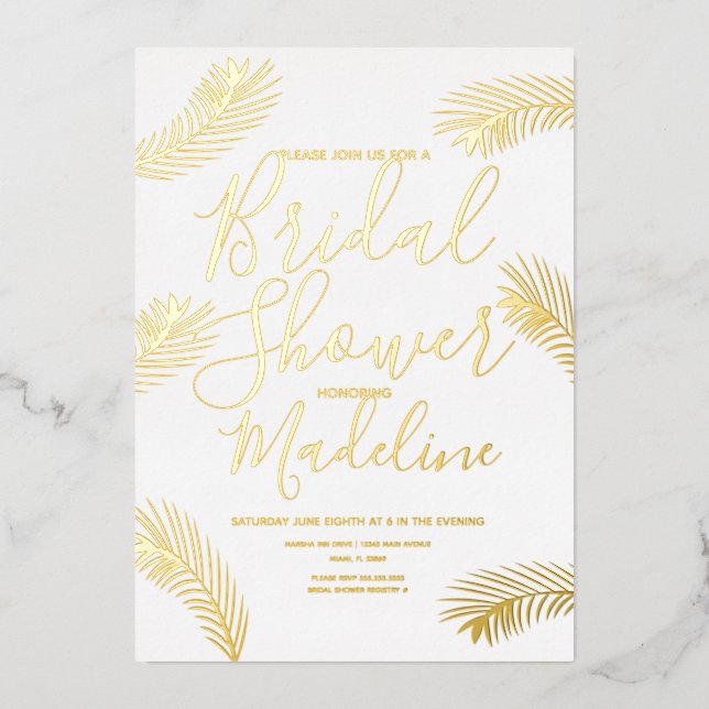 Gold Palm Leaf Bridal Shower Foil Pressed Wedding Foil Holiday Card (Front)
