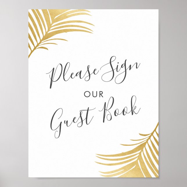 Gold Palm Leaves Beach Wedding Guest Book Sign (Front)