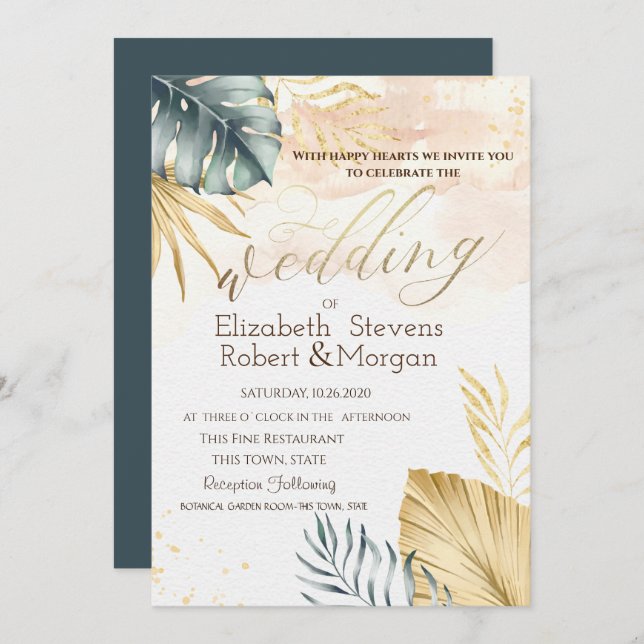 Gold Palm Leaves Beach Wedding Invitation (Front/Back)