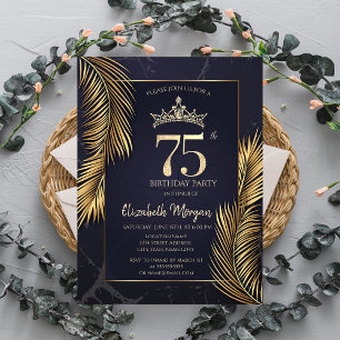 Gold Palm Leaves Marble 75th Birthday Invitation