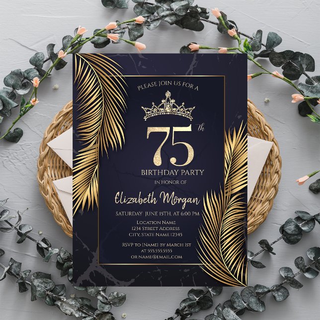 Gold Palm Leaves Marble 75th Birthday Invitation (Creator Uploaded)