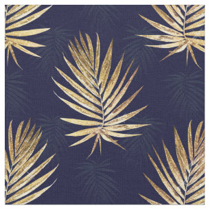 Gold Palm Leaves Navy-Blue Artwork Fabric