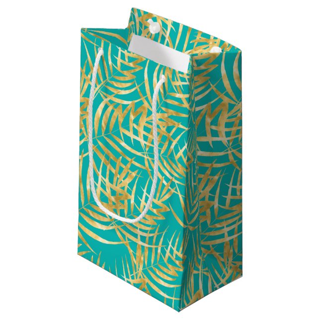 Gold Palm Leaves on Turquoise Small Gift Bag (Front Angled)