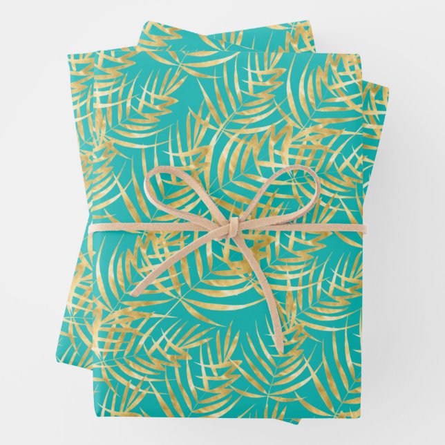 Gold Palm Leaves on Turquoise Wrapping Paper Sheet (In situ)