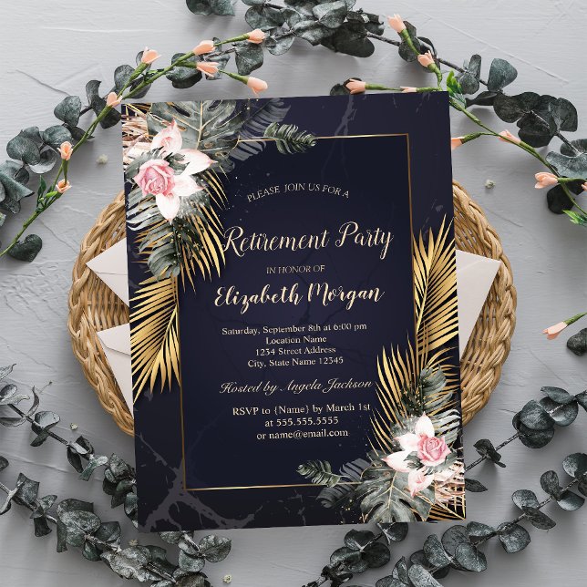 Gold Palm Leaves Roses Marble Retirement Invitation (Creator Uploaded)
