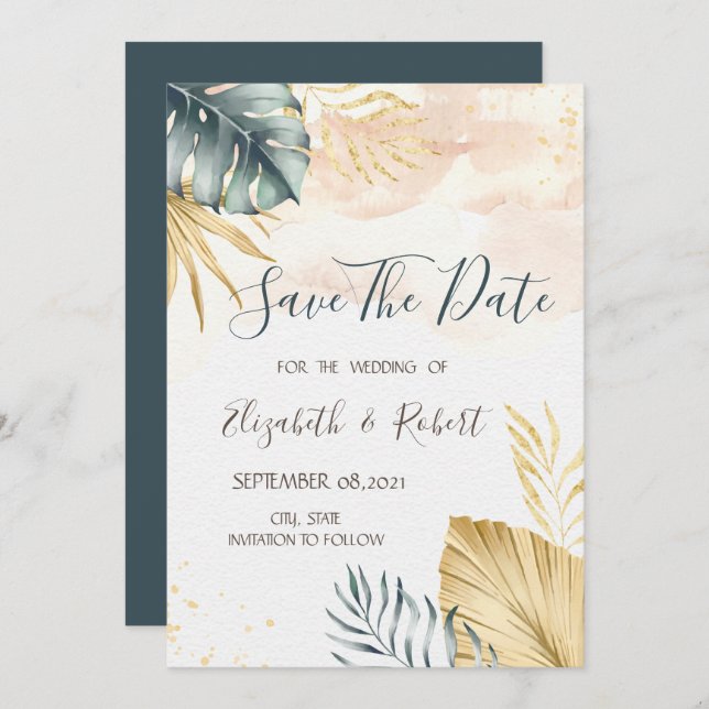 Gold Palm Leaves Watercolor Save The Date (Front/Back)