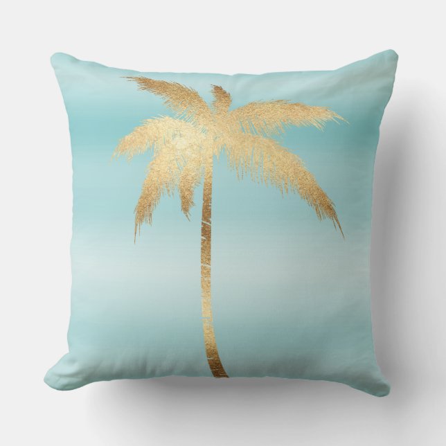 Gold Palm Tree Aqua Ombre   Cushion (Front)