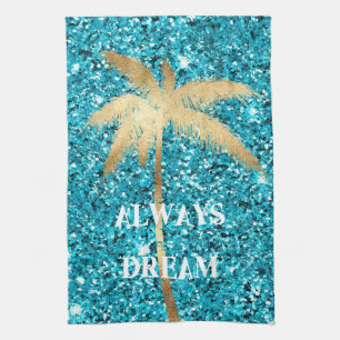 Gold Palm Tree Dream Aqua Glitter Tea Towel