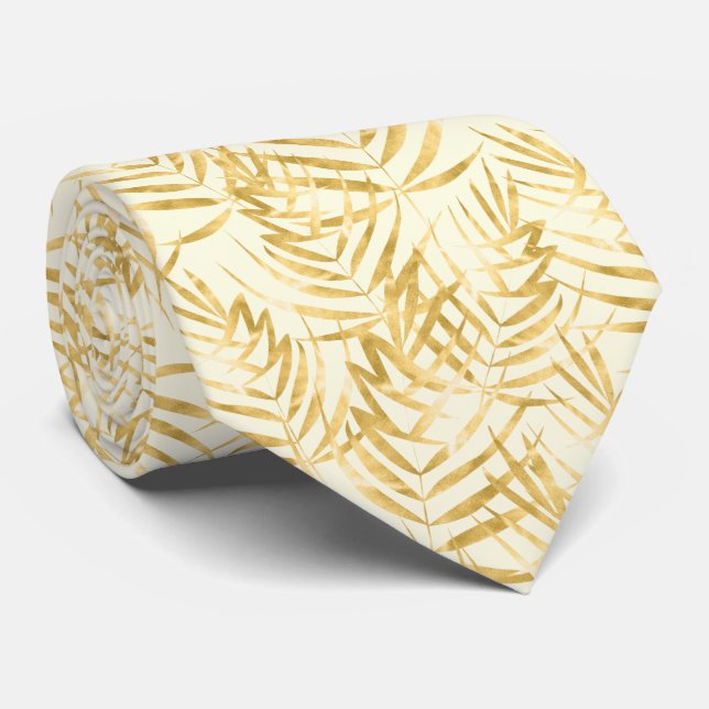 Gold Palm Tree Fronds Tropical Ivory Tie (Rolled)