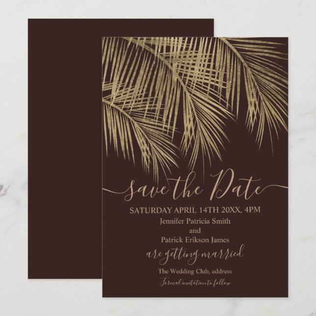 Gold palm tree leaf tropical red save the date (Front/Back)