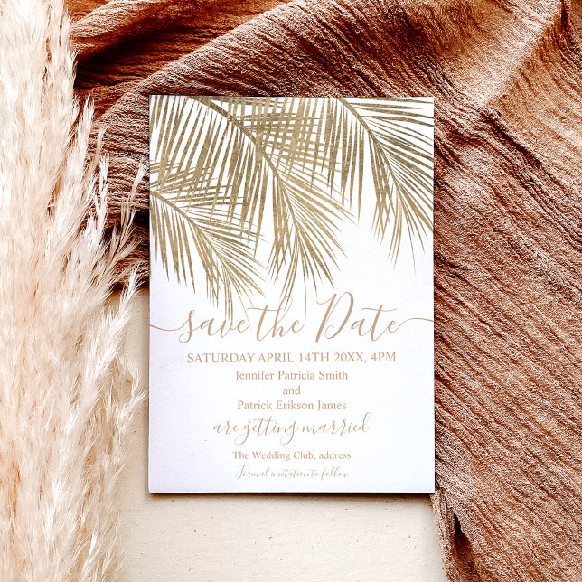 Gold palm tree leaf tropical script save the date announcement postcard (Creator Uploaded)