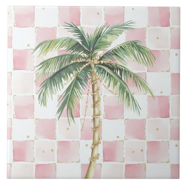 Gold Palm Tree Pink Squares Ceramic Tile (Front)