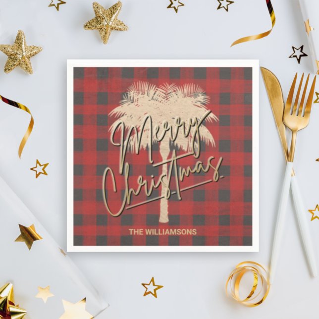 Gold Palm Tree Red Buffalo Plaid Christmas Napkin (Creator Uploaded)