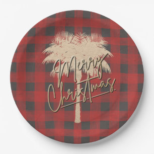 Gold Palm Tree Red Buffalo Plaid Christmas Paper Plate
