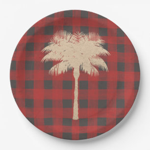 Gold Palm Tree Red Buffalo Plaid Christmas Paper Plate