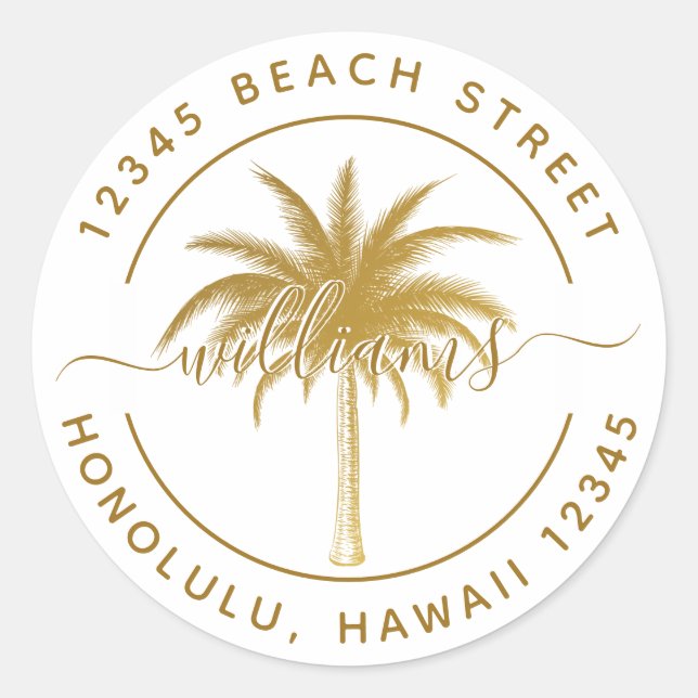 Gold Palm Tree Return Address Classic Round Sticker (Front)