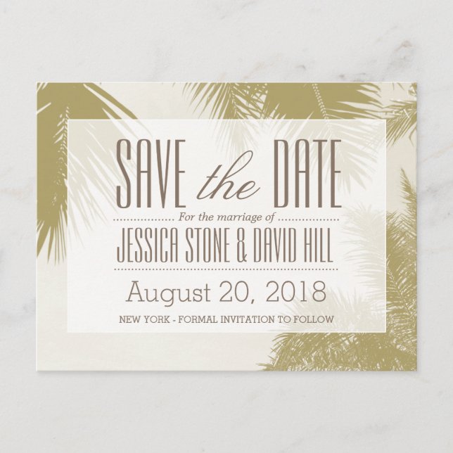 Gold Palm Tree Tropical Wedding Save the Date Announcement Postcard (Front)