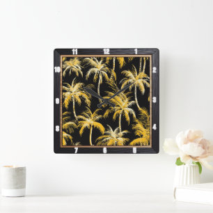Gold Palm Trees Black Square Wall Clock