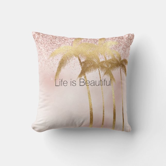 Gold Palm Trees Pink Ombre Glitter Cushion (Front)