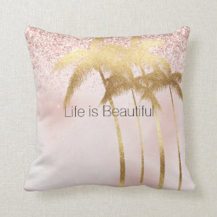 Gold Palm Trees Pink Ombre Glitter Cushion