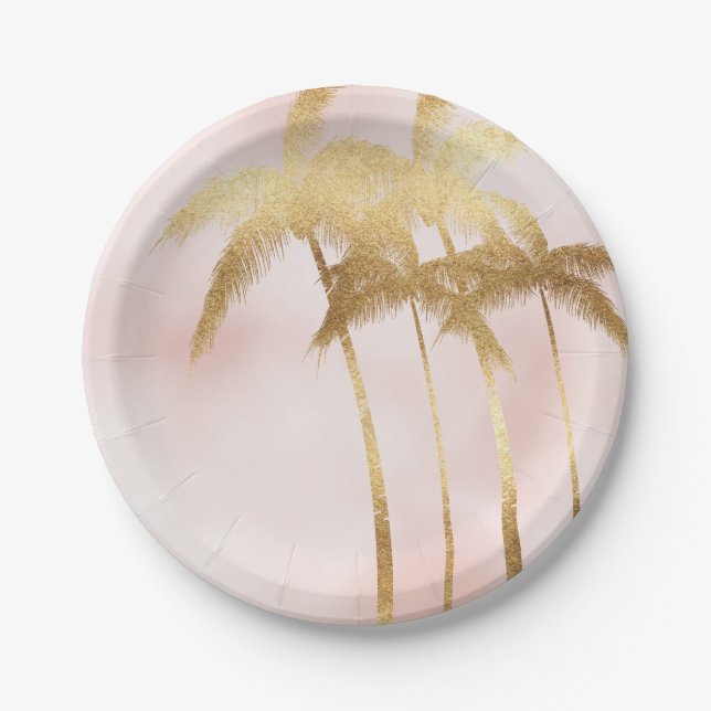 Gold Palm Trees Pink Ombre Paper Plate (Front)