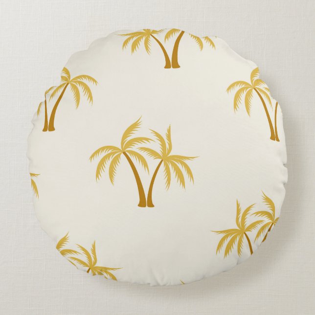 Gold Palm Trees: Tropical Textile. Round Cushion (Front)