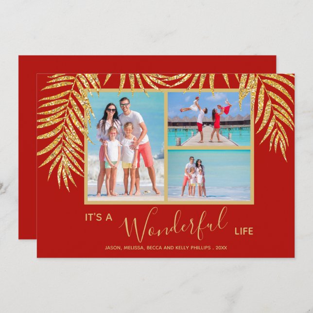 Gold Palms Photo Collage Christmas Holiday Card (Front/Back)