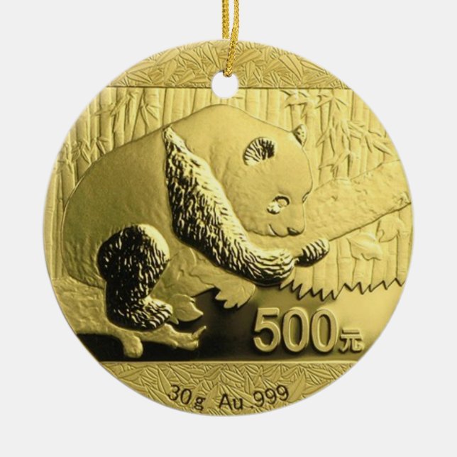 Gold Panda coin Ceramic Tree Decoration (Front)