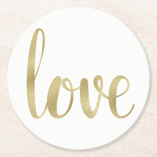 Gold paper coasters, love, foil font round paper coaster (Front)