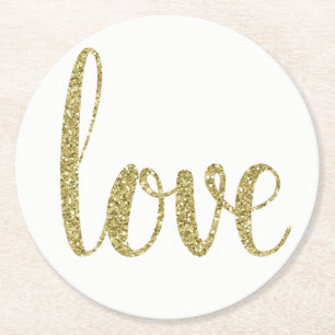 Gold paper coasters, love, glitter font round paper coaster