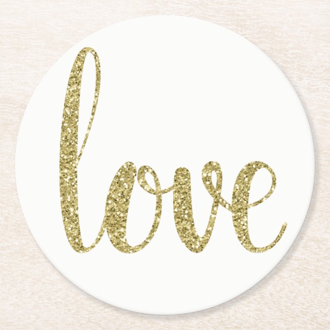 Gold paper coasters, love, glitter font round paper coaster (Front)