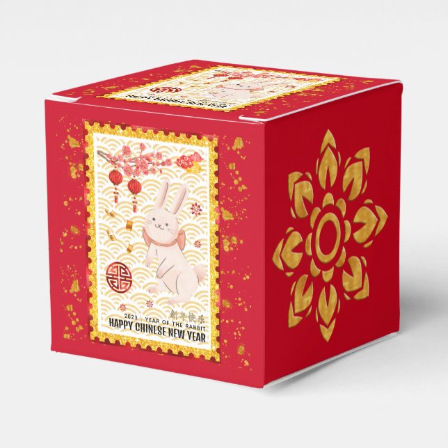 Gold Papercut 2023 Rabbit Chinese New Year Red Favour Box (Front Side)