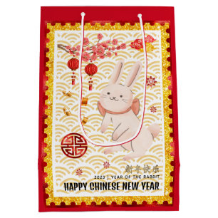 Gold Papercut Rabbit Chinese New Year 2023 Red Medium Gift Bag