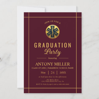 Gold paramedic Class Of 2026 burgundy graduation Invitation