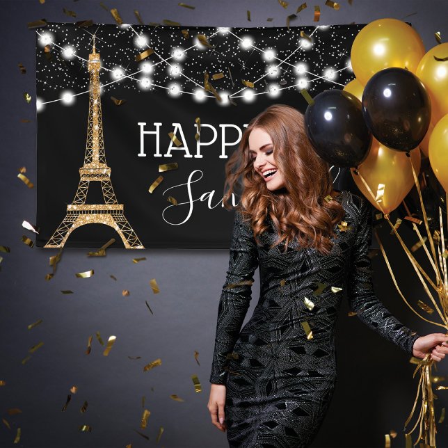 Gold Paris Eiffel Tower Glitter Lights Sweet 16 Banner (Creator Uploaded)