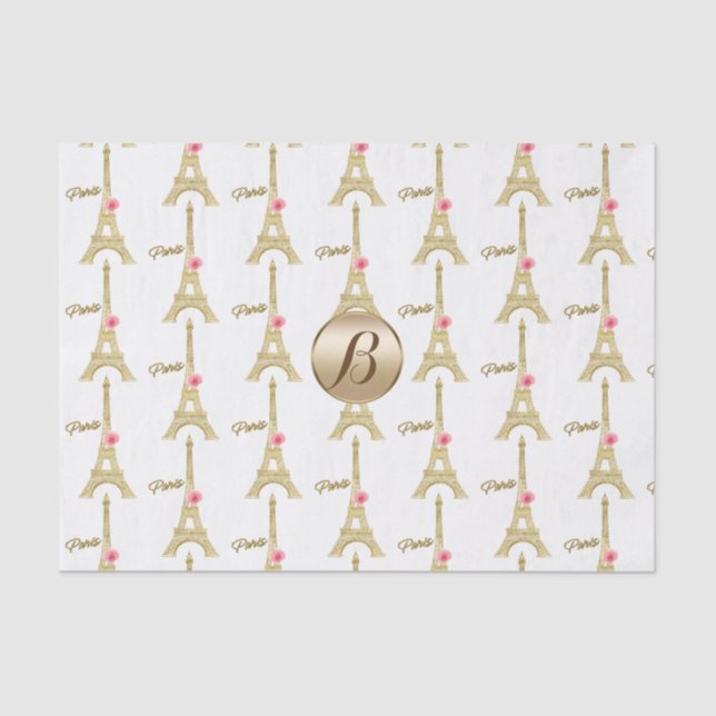 Gold Paris Eiffel Tower Monogram Modern Party Tissue Paper (Front)