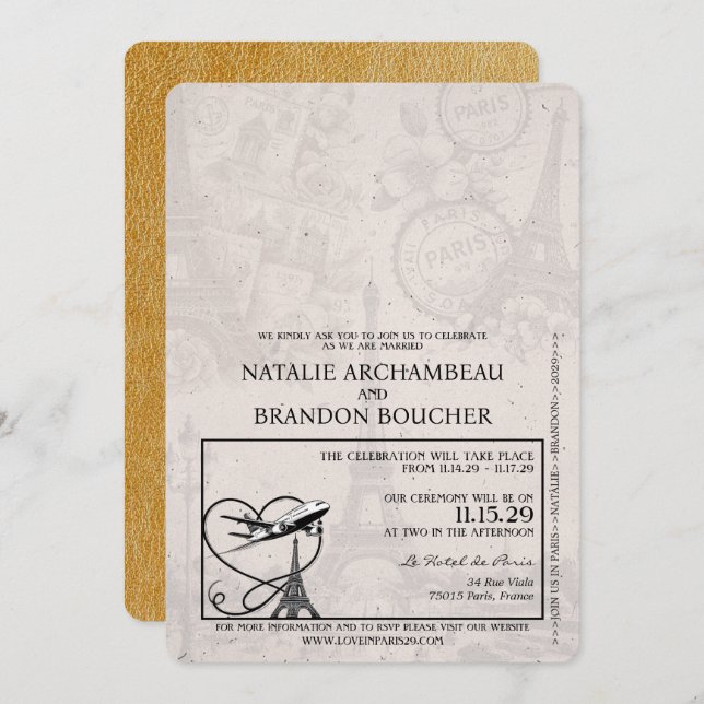 Gold Paris Passport Wedding Invitation (Front/Back)