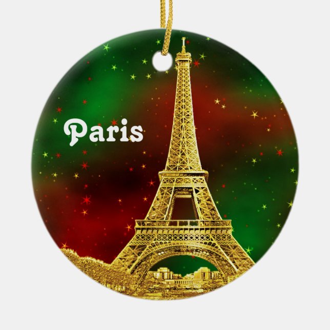 Gold Paris Skyline #2 Christmas Starry Ceramic Ornament (Front)