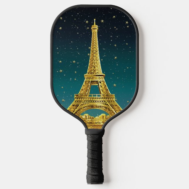 Gold Paris Skyline #2 Teal Starry Sky Pickleball Paddle (Front)