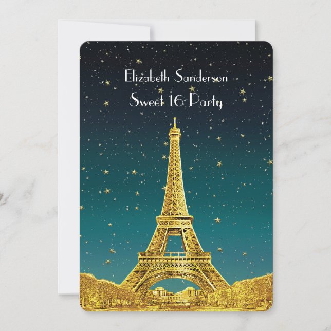 Gold Paris Skyline #2 Teal Starry Sweet 16 V Invitation (Front)