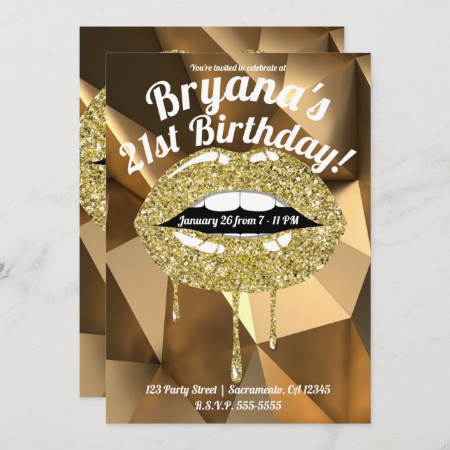 Gold Party Glam Luxury Glitter Drip Dripping Lips Invitation (Front/Back)