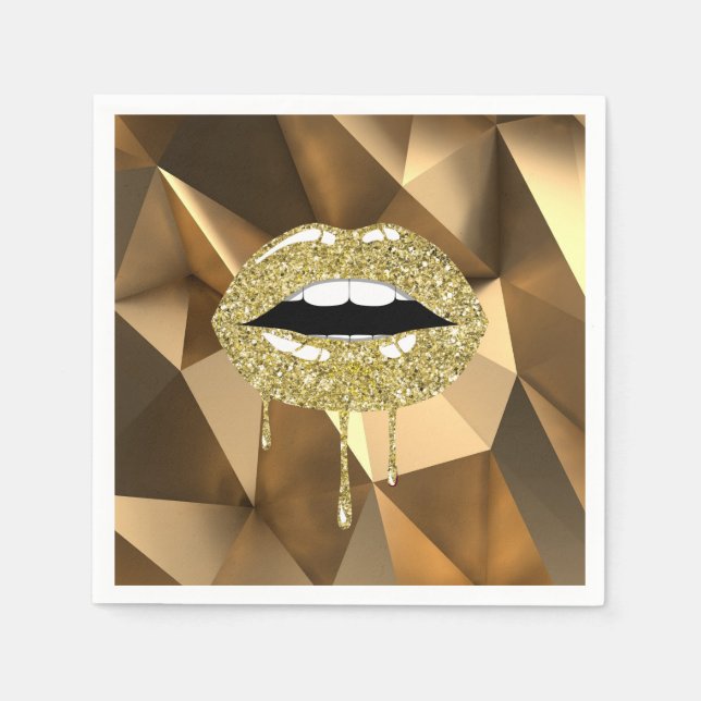 Gold Party Luxury Glam Glitter Drip Dripping Lips Napkin (Front)
