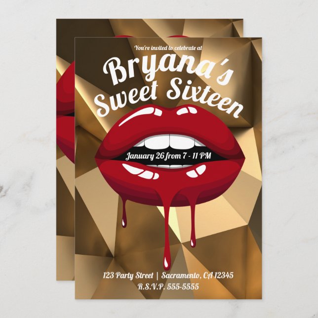Gold Party Luxury Red Dripping Lips Sweet 16 Invitation (Front/Back)