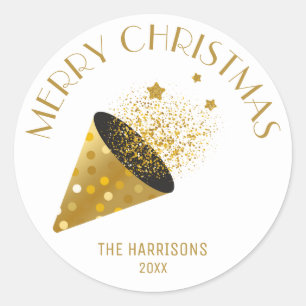 Gold Party Popper Hat Name Christmas Classic Round Sticker