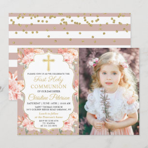 Gold Pastel Cora Floral Photo 1st Holy Communion Invitation