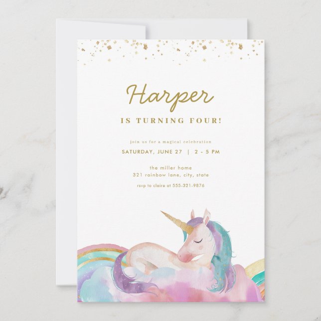 Gold Pastel Magical Unicorn Birthday Invitation (Front)