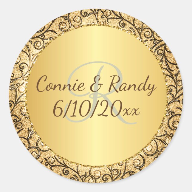 Gold Pattern Monogram Wedding Sticker (Front)