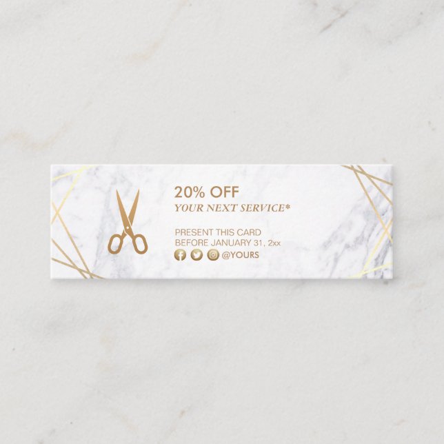 Gold Pattern Scissors Marble HairStylist Discount Mini Business Card (Front)