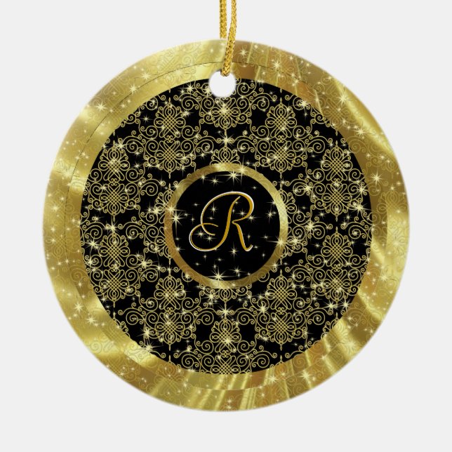 Gold Pattern & Sparkles-Custom Initial Ceramic Ornament (Front)