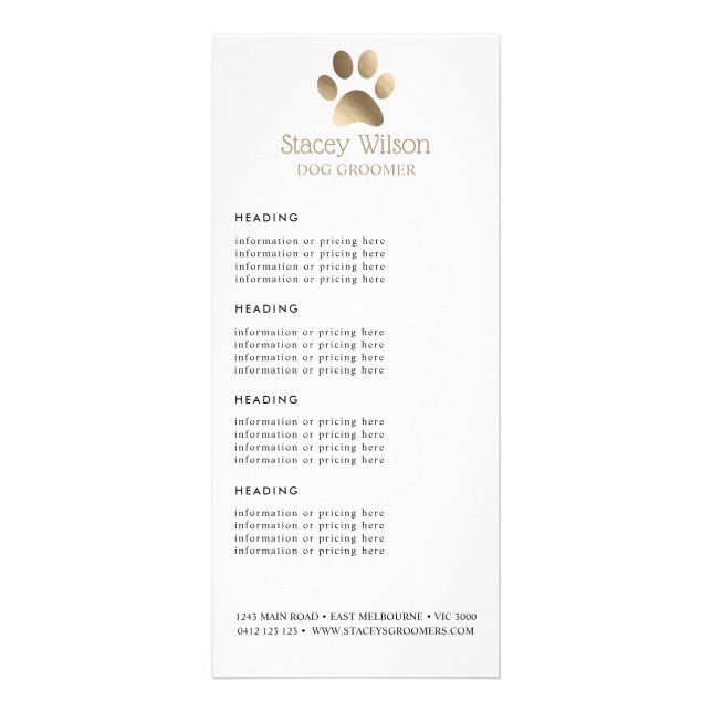 Gold Paw Print Logo Price / Services List Rack Card (Front)